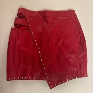 Red Faux Leather Studded Women's Skirt